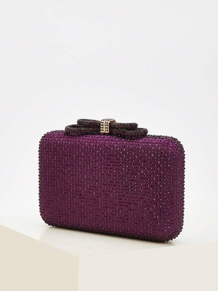 CM-BGS900180 Women Trendy Seoul Style Exquisite Rhinestone Bow Decor Evening Box Bag - Purple