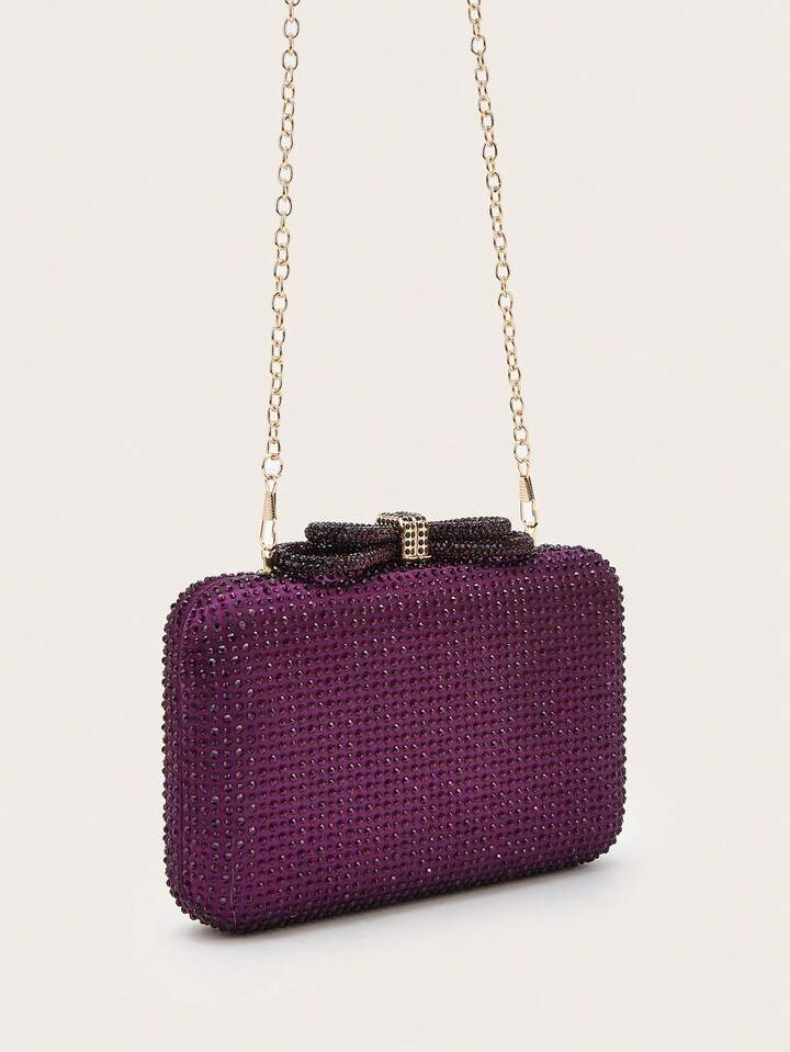 CM-BGS900180 Women Trendy Seoul Style Exquisite Rhinestone Bow Decor Evening Box Bag - Purple