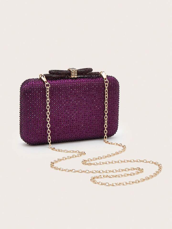 CM-BGS900180 Women Trendy Seoul Style Exquisite Rhinestone Bow Decor Evening Box Bag - Purple