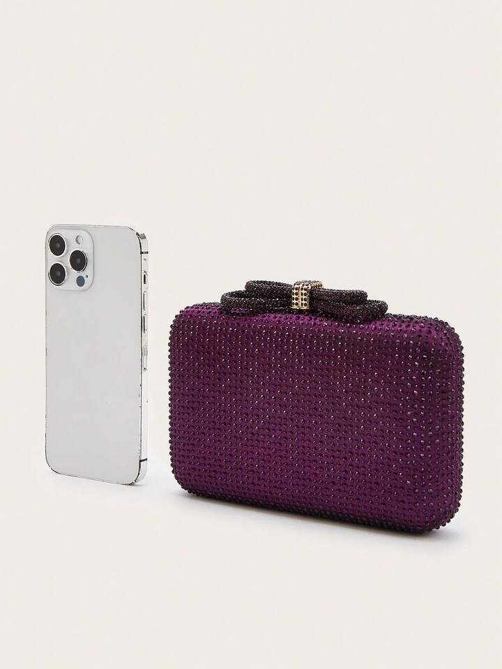 CM-BGS900180 Women Trendy Seoul Style Exquisite Rhinestone Bow Decor Evening Box Bag - Purple
