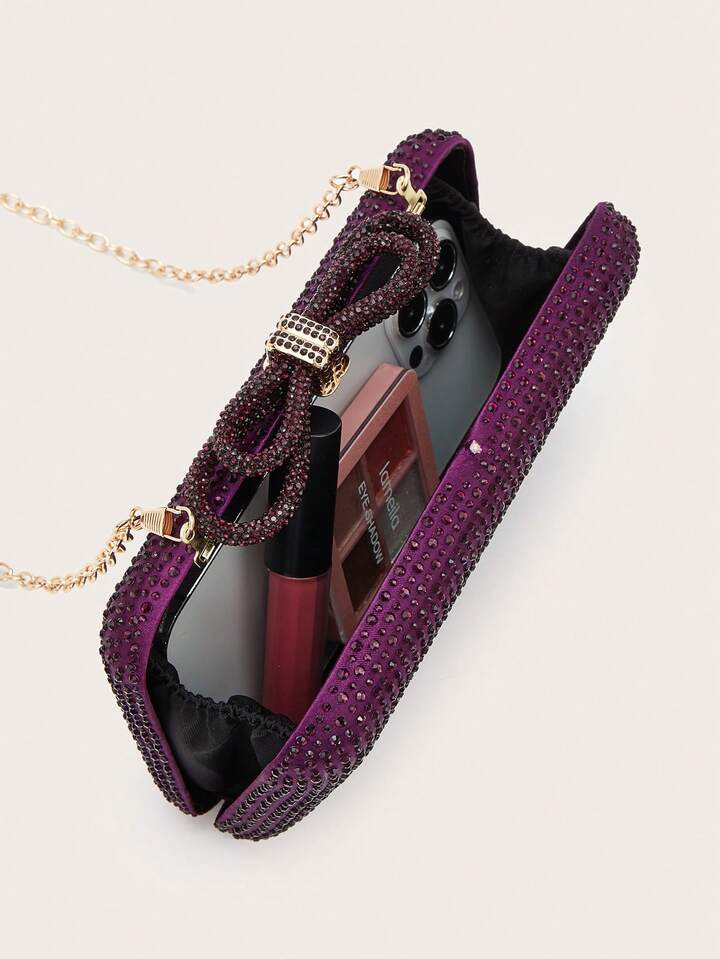 CM-BGS900180 Women Trendy Seoul Style Exquisite Rhinestone Bow Decor Evening Box Bag - Purple