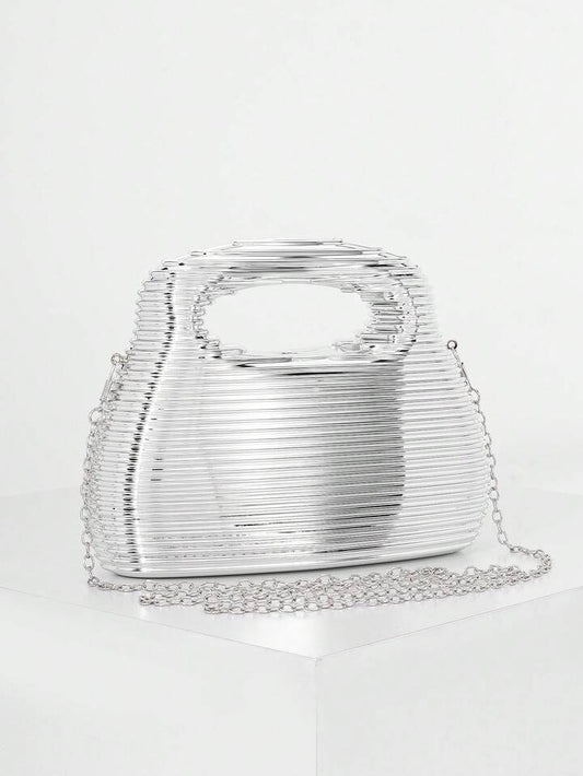 CM-BGS223024 Women Trendy Seoul Style Acrylic Striped Design Minimalist Handbag - Silver