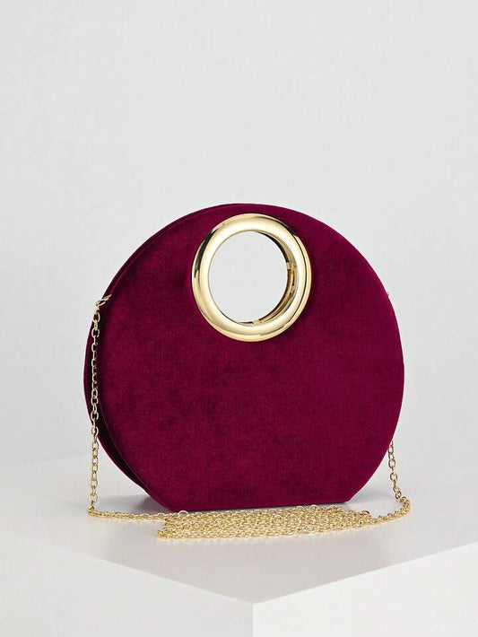 CM-BGS968111 Women Trendy Seoul Style Double Handle Velvet Clutch Bag - Burgundy