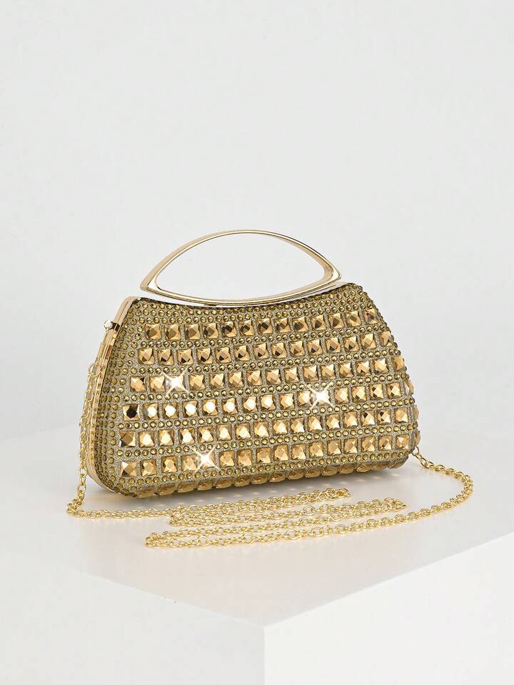 CM-BGS421399 Women Trendy Seoul Style All-Over Rhinestone Square Shiny Handbag - Gold