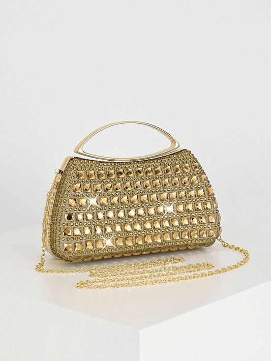 CM-BGS421399 Women Trendy Seoul Style All-Over Rhinestone Square Shiny Handbag - Gold