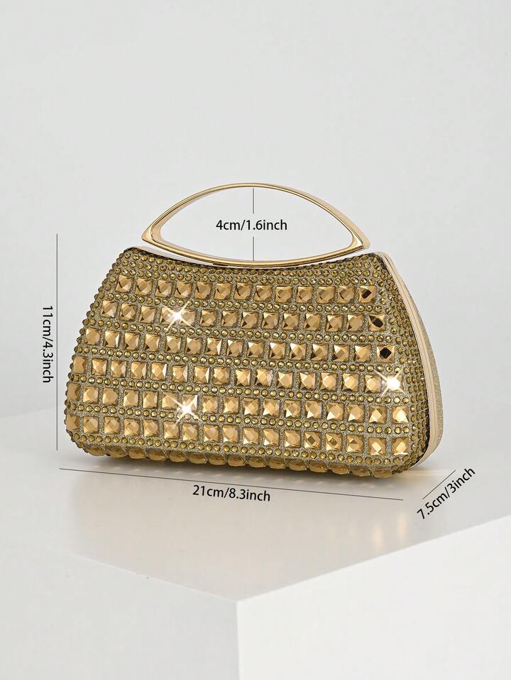 CM-BGS421399 Women Trendy Seoul Style All-Over Rhinestone Square Shiny Handbag - Gold