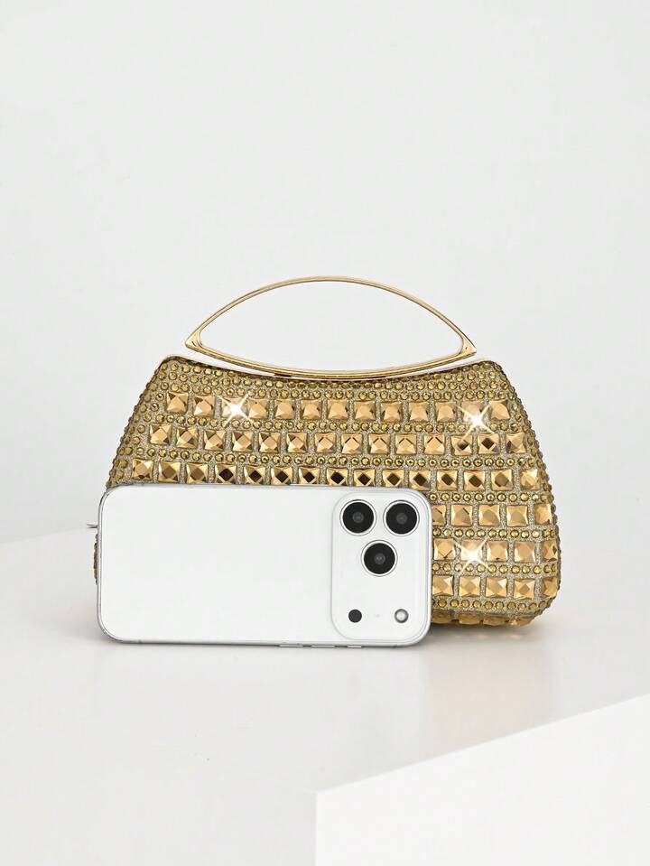 CM-BGS421399 Women Trendy Seoul Style All-Over Rhinestone Square Shiny Handbag - Gold