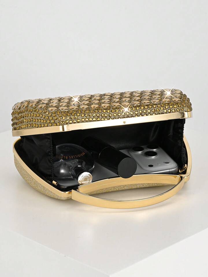 CM-BGS421399 Women Trendy Seoul Style All-Over Rhinestone Square Shiny Handbag - Gold