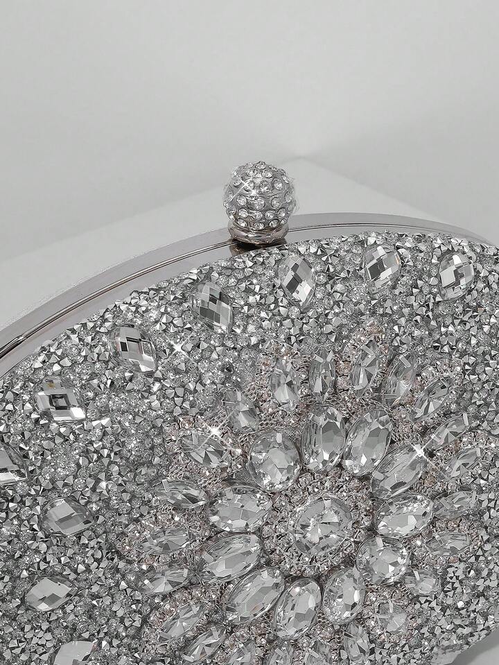 CM-BGS830790 Women Trendy Seoul Style Sunflower Rhinestone Decor Evening Clutch Bag - Silver