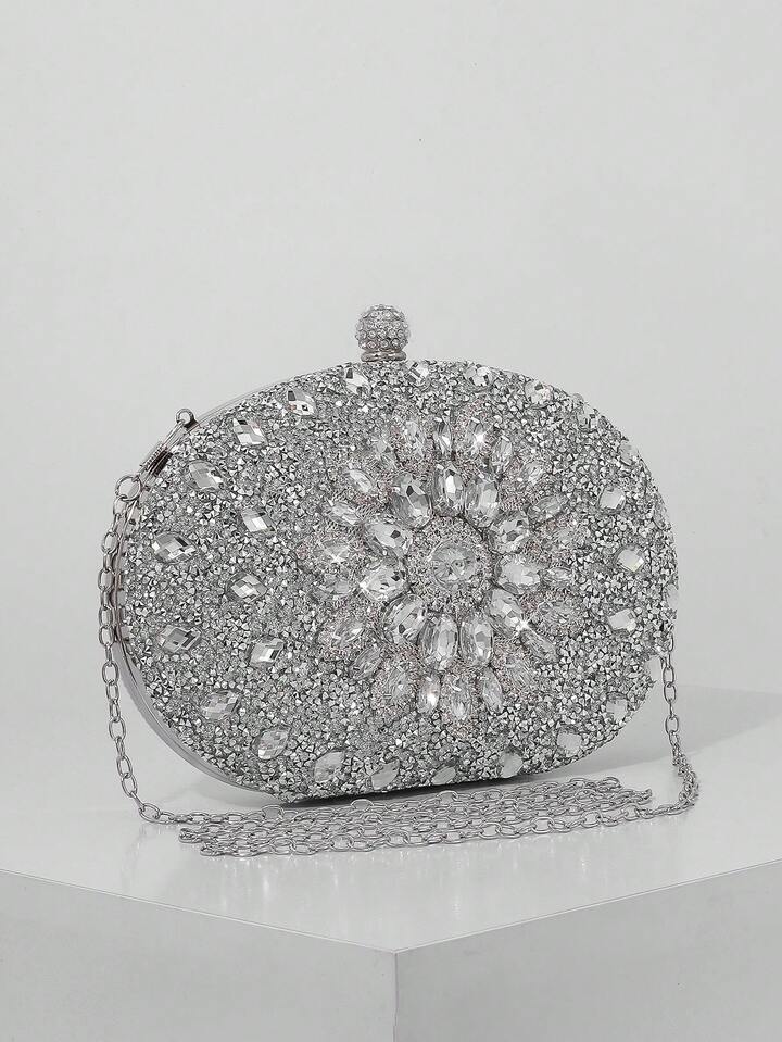 CM-BGS830790 Women Trendy Seoul Style Sunflower Rhinestone Decor Evening Clutch Bag - Silver