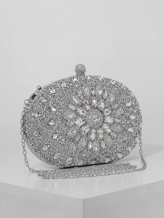CM-BGS830790 Women Trendy Seoul Style Sunflower Rhinestone Decor Evening Clutch Bag - Silver