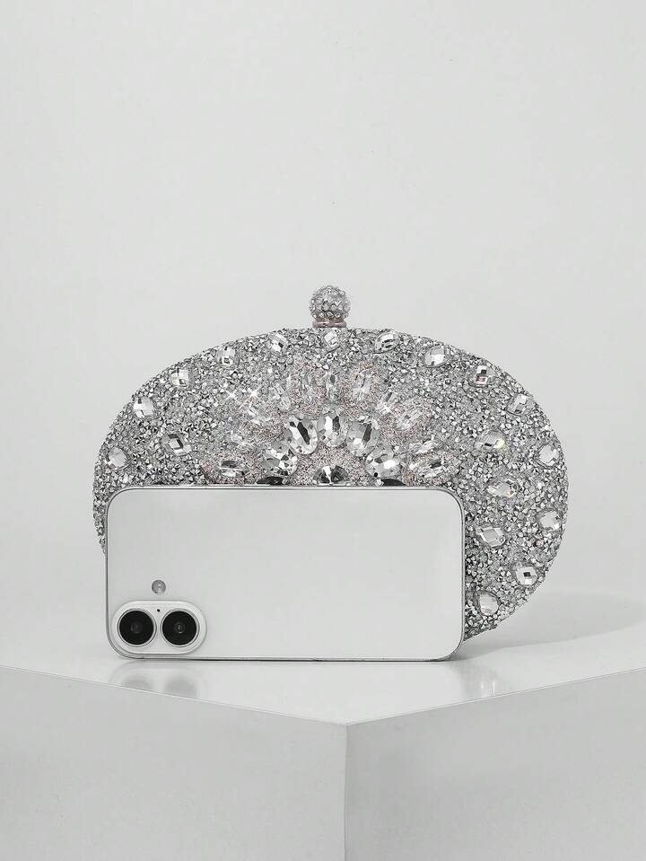 CM-BGS830790 Women Trendy Seoul Style Sunflower Rhinestone Decor Evening Clutch Bag - Silver