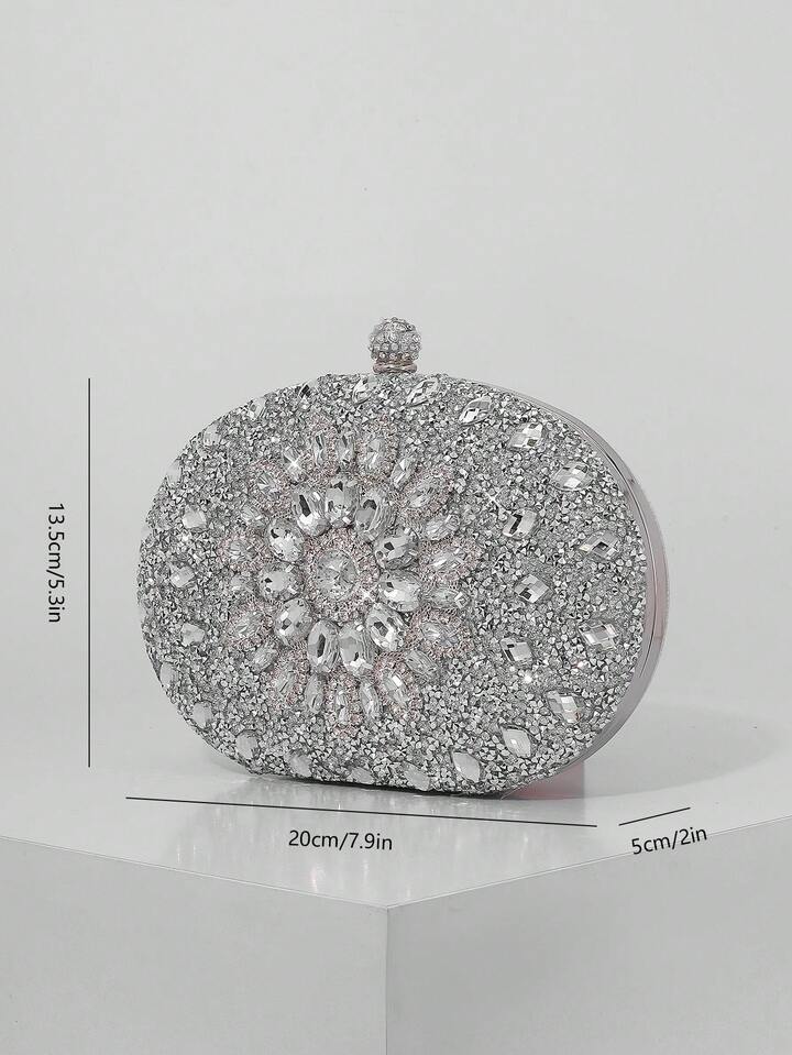CM-BGS830790 Women Trendy Seoul Style Sunflower Rhinestone Decor Evening Clutch Bag - Silver