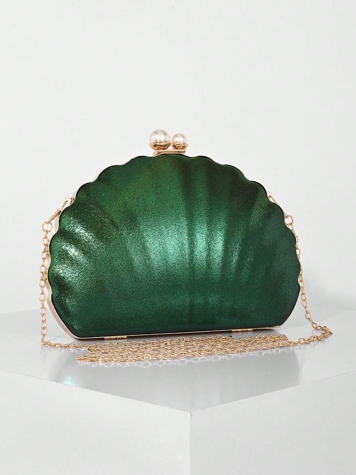 CM-BGS558353 Women Trendy Seoul Style PU Shell-Shaped Box Clutch Bag With Dual Pearls - Green