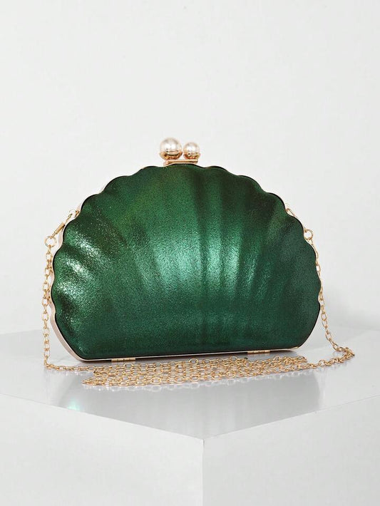 CM-BGS558353 Women Trendy Seoul Style PU Shell-Shaped Box Clutch Bag With Dual Pearls - Green