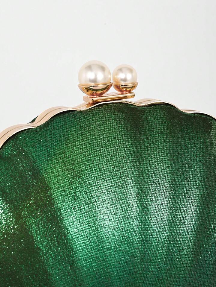 CM-BGS558353 Women Trendy Seoul Style PU Shell-Shaped Box Clutch Bag With Dual Pearls - Green