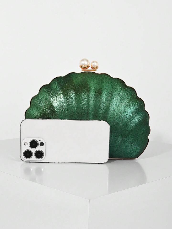 CM-BGS558353 Women Trendy Seoul Style PU Shell-Shaped Box Clutch Bag With Dual Pearls - Green