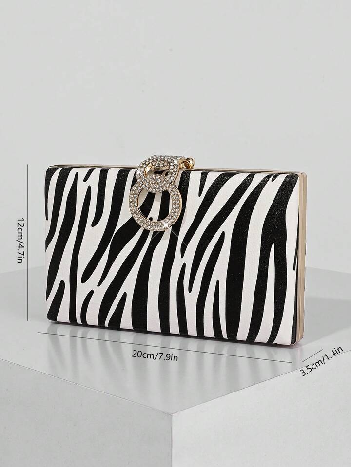 CM-BGS443940Women Trendy Seoul Style Zebra Print Design Sparkling Rhinestone Decor Evening Clutch Bag