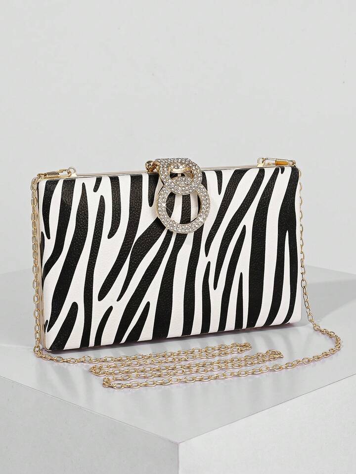 CM-BGS443940Women Trendy Seoul Style Zebra Print Design Sparkling Rhinestone Decor Evening Clutch Bag