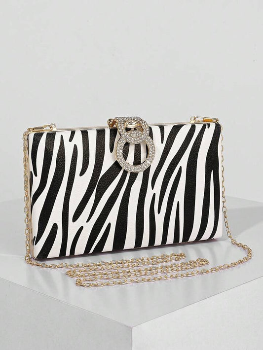 CM-BGS443940Women Trendy Seoul Style Zebra Print Design Sparkling Rhinestone Decor Evening Clutch Bag