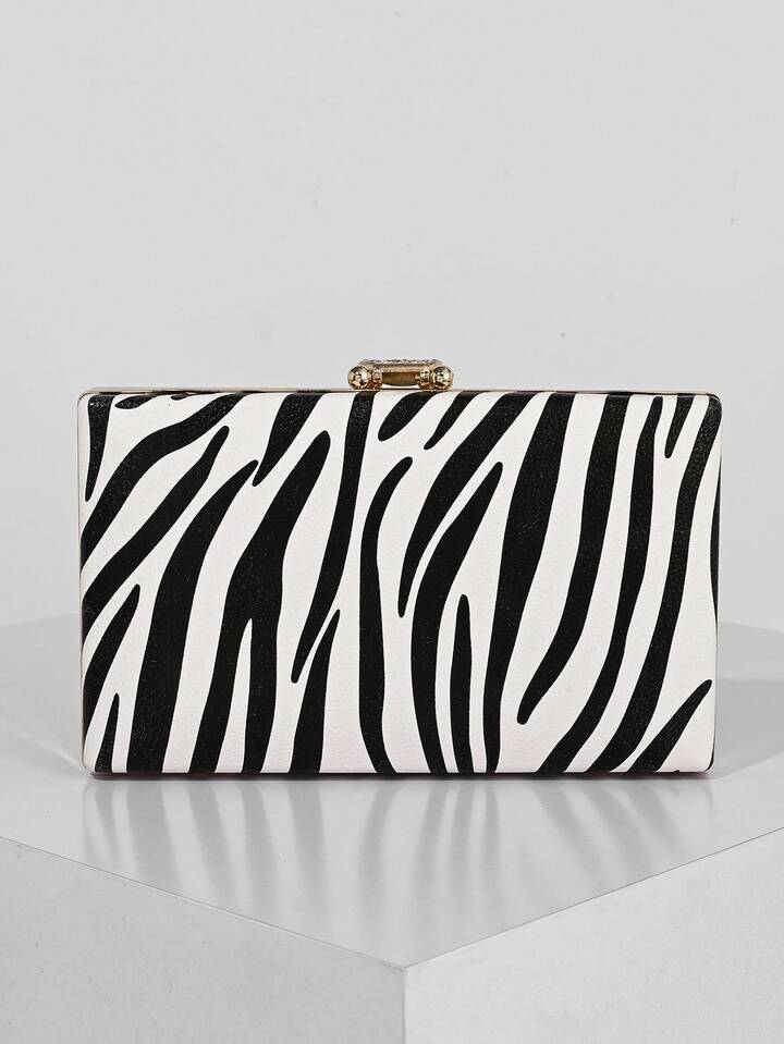 CM-BGS443940Women Trendy Seoul Style Zebra Print Design Sparkling Rhinestone Decor Evening Clutch Bag