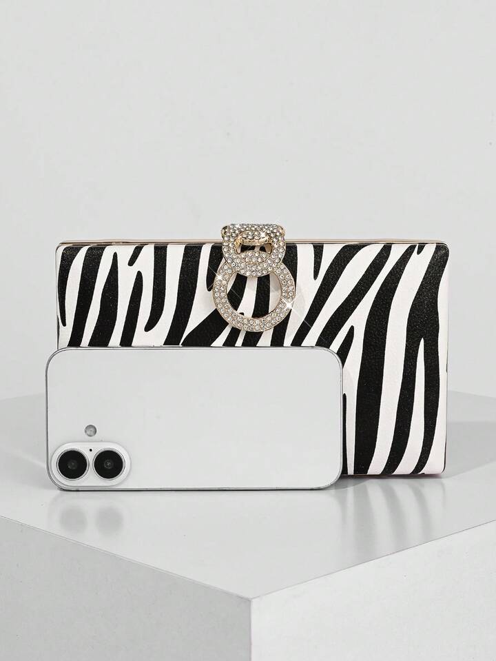 CM-BGS443940Women Trendy Seoul Style Zebra Print Design Sparkling Rhinestone Decor Evening Clutch Bag