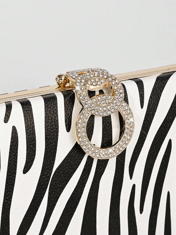 CM-BGS443940Women Trendy Seoul Style Zebra Print Design Sparkling Rhinestone Decor Evening Clutch Bag