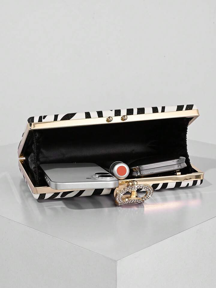 CM-BGS443940Women Trendy Seoul Style Zebra Print Design Sparkling Rhinestone Decor Evening Clutch Bag