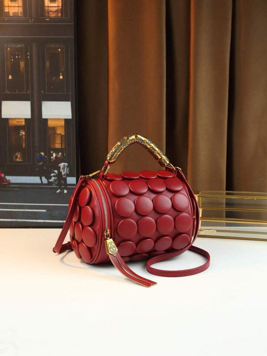 CM-BGS423997 Women Trendy Seoul Style Dotted Pattern Bolster Pillow Shaped Cylinder Bag - Burgundy