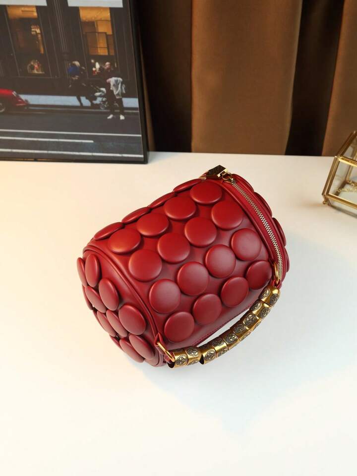 CM-BGS423997 Women Trendy Seoul Style Dotted Pattern Bolster Pillow Shaped Cylinder Bag - Burgundy