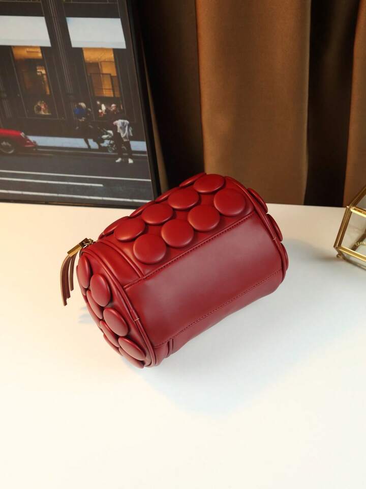 CM-BGS423997 Women Trendy Seoul Style Dotted Pattern Bolster Pillow Shaped Cylinder Bag - Burgundy