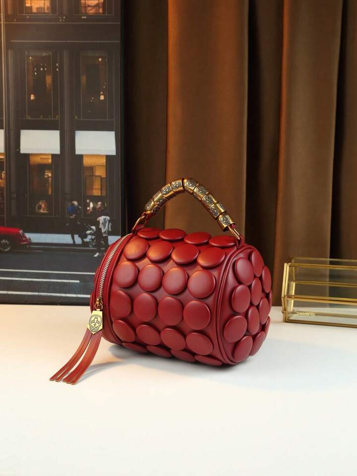 CM-BGS423997 Women Trendy Seoul Style Dotted Pattern Bolster Pillow Shaped Cylinder Bag - Burgundy