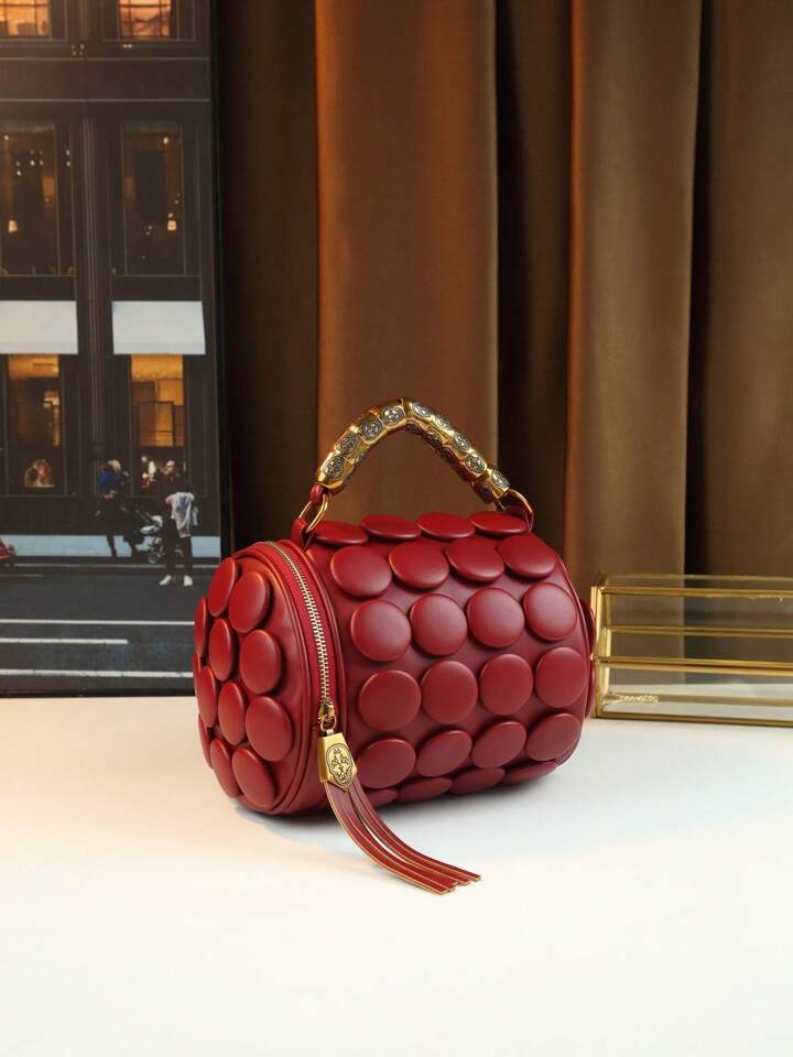 CM-BGS423997 Women Trendy Seoul Style Dotted Pattern Bolster Pillow Shaped Cylinder Bag - Burgundy