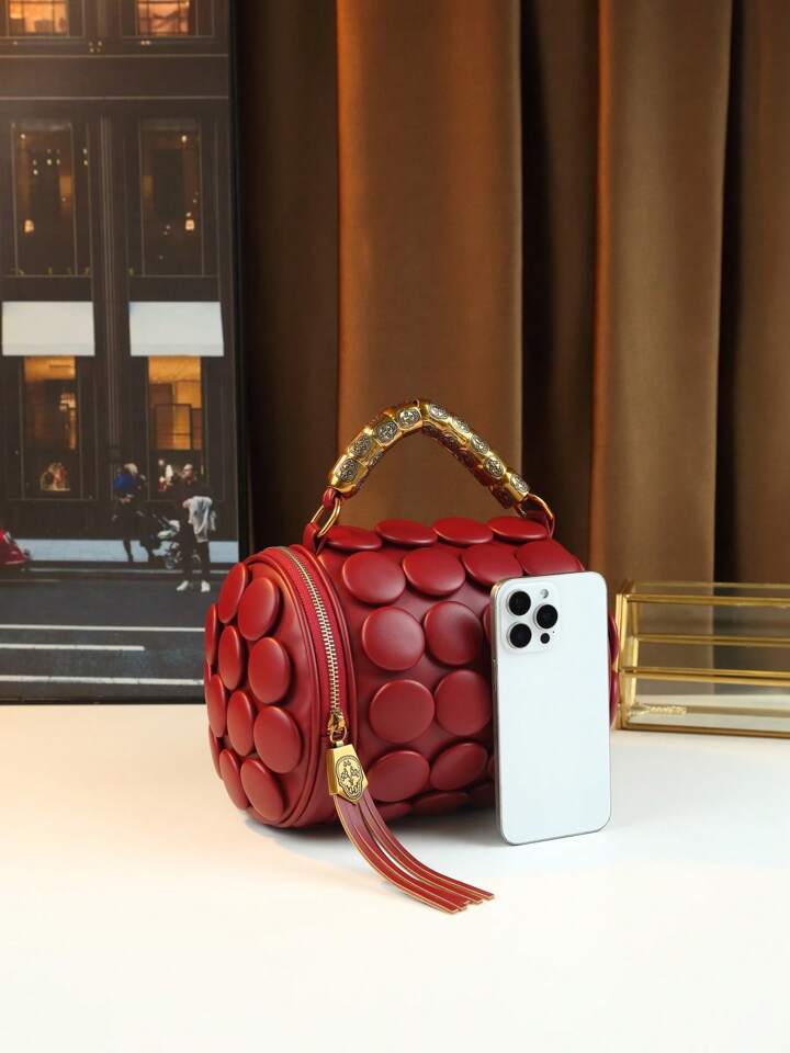 CM-BGS423997 Women Trendy Seoul Style Dotted Pattern Bolster Pillow Shaped Cylinder Bag - Burgundy