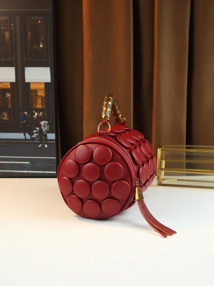 CM-BGS423997 Women Trendy Seoul Style Dotted Pattern Bolster Pillow Shaped Cylinder Bag - Burgundy