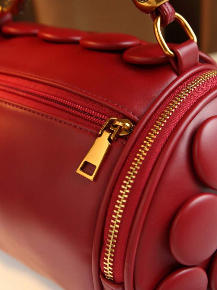 CM-BGS423997 Women Trendy Seoul Style Dotted Pattern Bolster Pillow Shaped Cylinder Bag - Burgundy