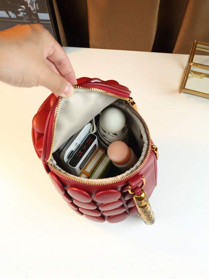 CM-BGS423997 Women Trendy Seoul Style Dotted Pattern Bolster Pillow Shaped Cylinder Bag - Burgundy