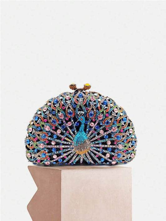 CM-BGS345274 Women Trendy Seoul Style Peacock Shape Rhinestone Crystal Evening Clutch Bag