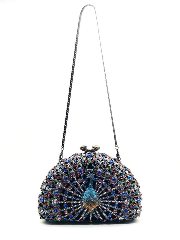 CM-BGS345274 Women Trendy Seoul Style Peacock Shape Rhinestone Crystal Evening Clutch Bag