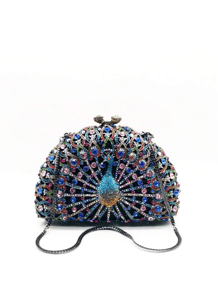 CM-BGS345274 Women Trendy Seoul Style Peacock Shape Rhinestone Crystal Evening Clutch Bag