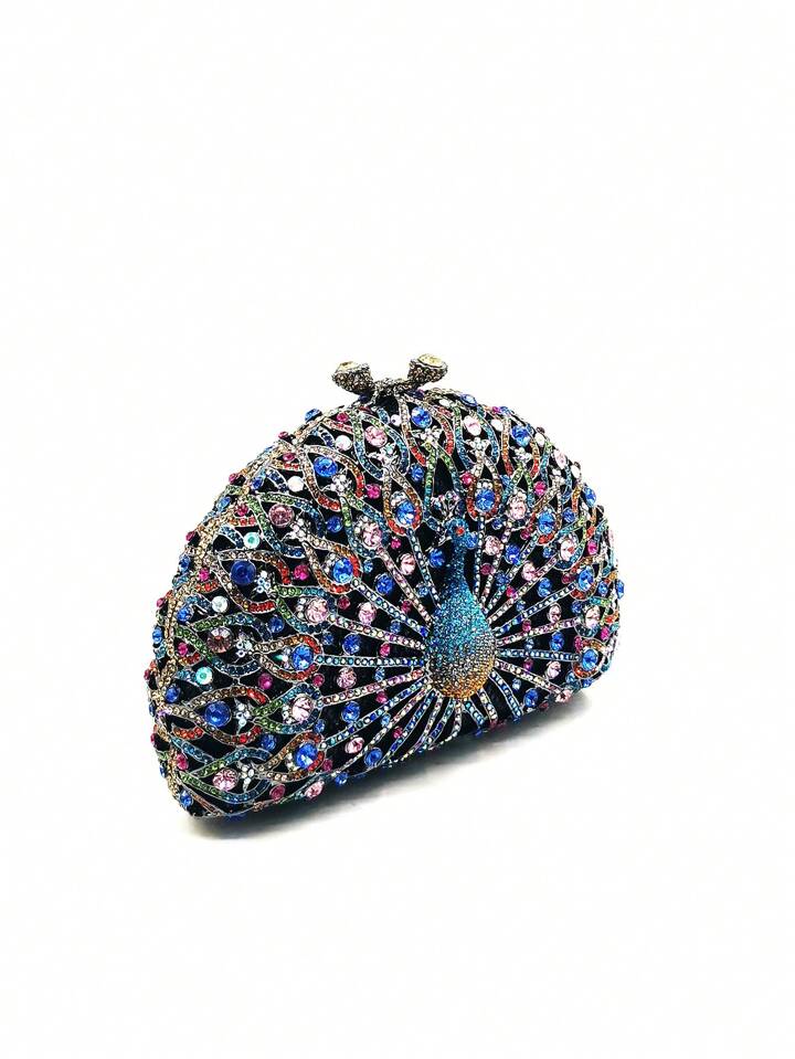 CM-BGS345274 Women Trendy Seoul Style Peacock Shape Rhinestone Crystal Evening Clutch Bag