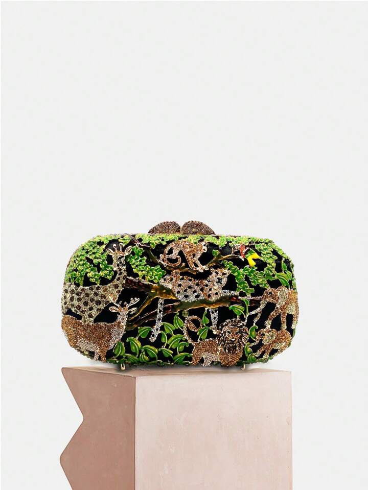 CM-BGS467307 Women Trendy Seoul Style Animal Zoo Design Diamond Crystal Evening Bag - Green