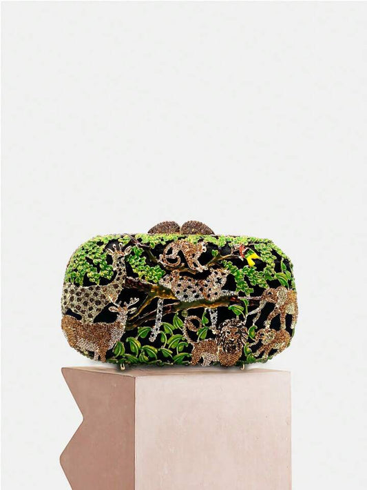 CM-BGS467307 Women Trendy Seoul Style Animal Zoo Design Diamond Crystal Evening Bag - Green