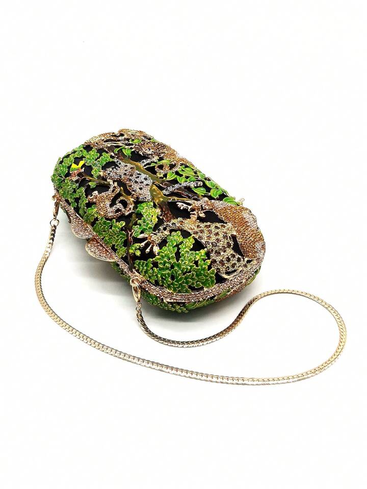 CM-BGS467307 Women Trendy Seoul Style Animal Zoo Design Diamond Crystal Evening Bag - Green