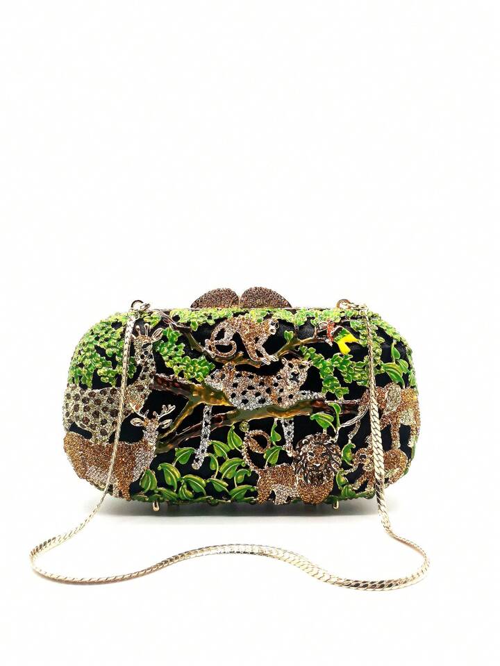 CM-BGS467307 Women Trendy Seoul Style Animal Zoo Design Diamond Crystal Evening Bag - Green
