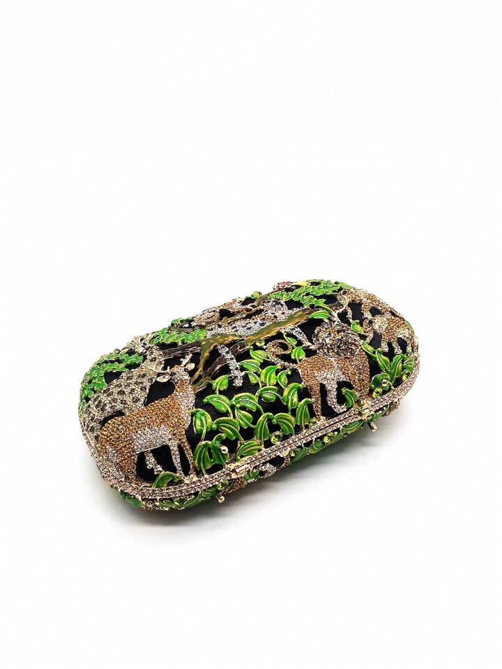 CM-BGS467307 Women Trendy Seoul Style Animal Zoo Design Diamond Crystal Evening Bag - Green