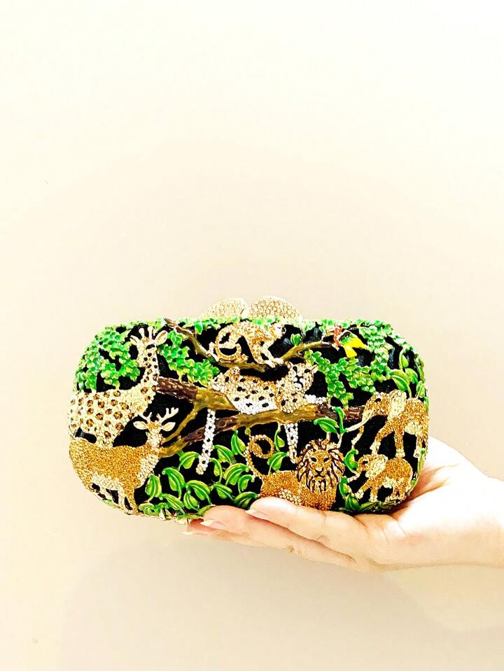 CM-BGS467307 Women Trendy Seoul Style Animal Zoo Design Diamond Crystal Evening Bag - Green