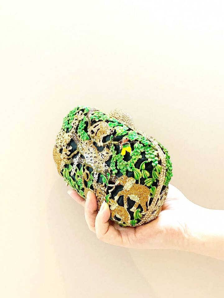 CM-BGS467307 Women Trendy Seoul Style Animal Zoo Design Diamond Crystal Evening Bag - Green