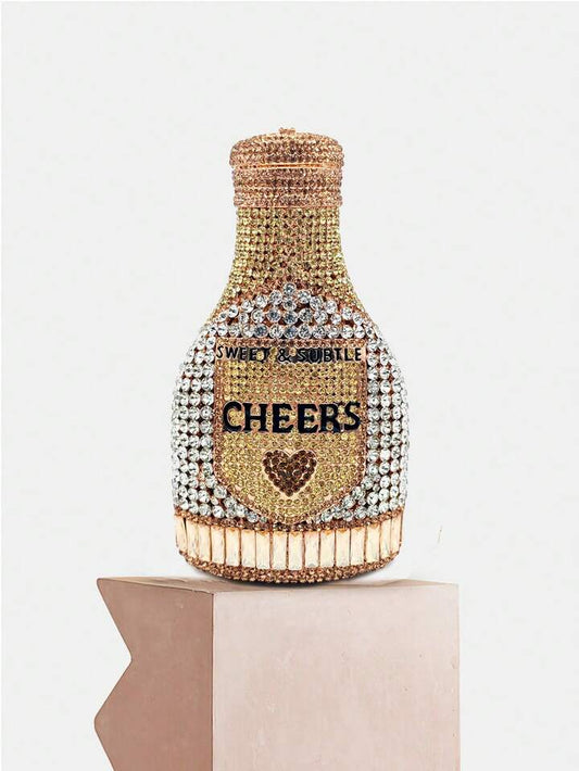 CM-BGS547645 Women Trendy Seoul Style Champagne Bottle Rhinestone Sparkling Crystal Inlaid Evening Purse