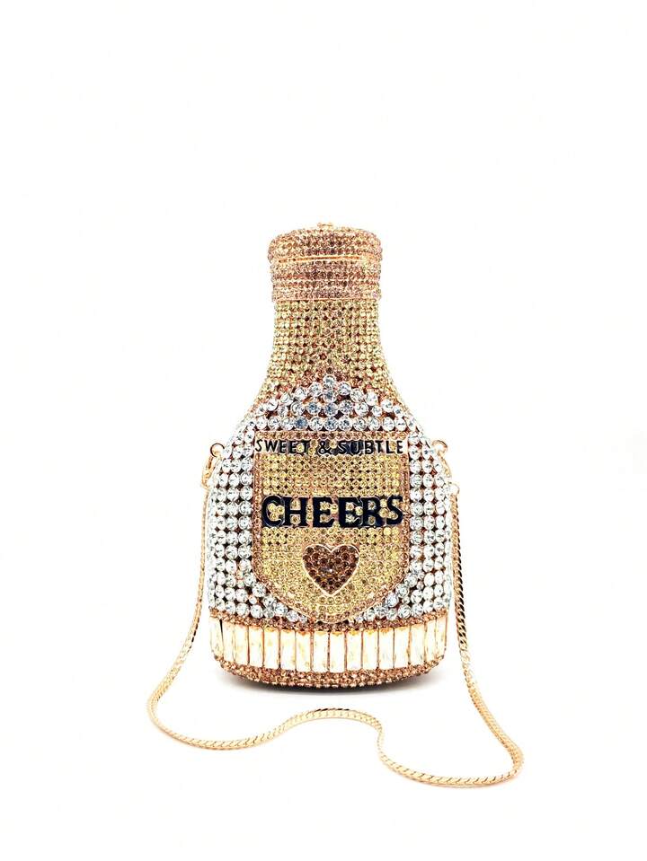 CM-BGS547645 Women Trendy Seoul Style Champagne Bottle Rhinestone Sparkling Crystal Inlaid Evening Purse